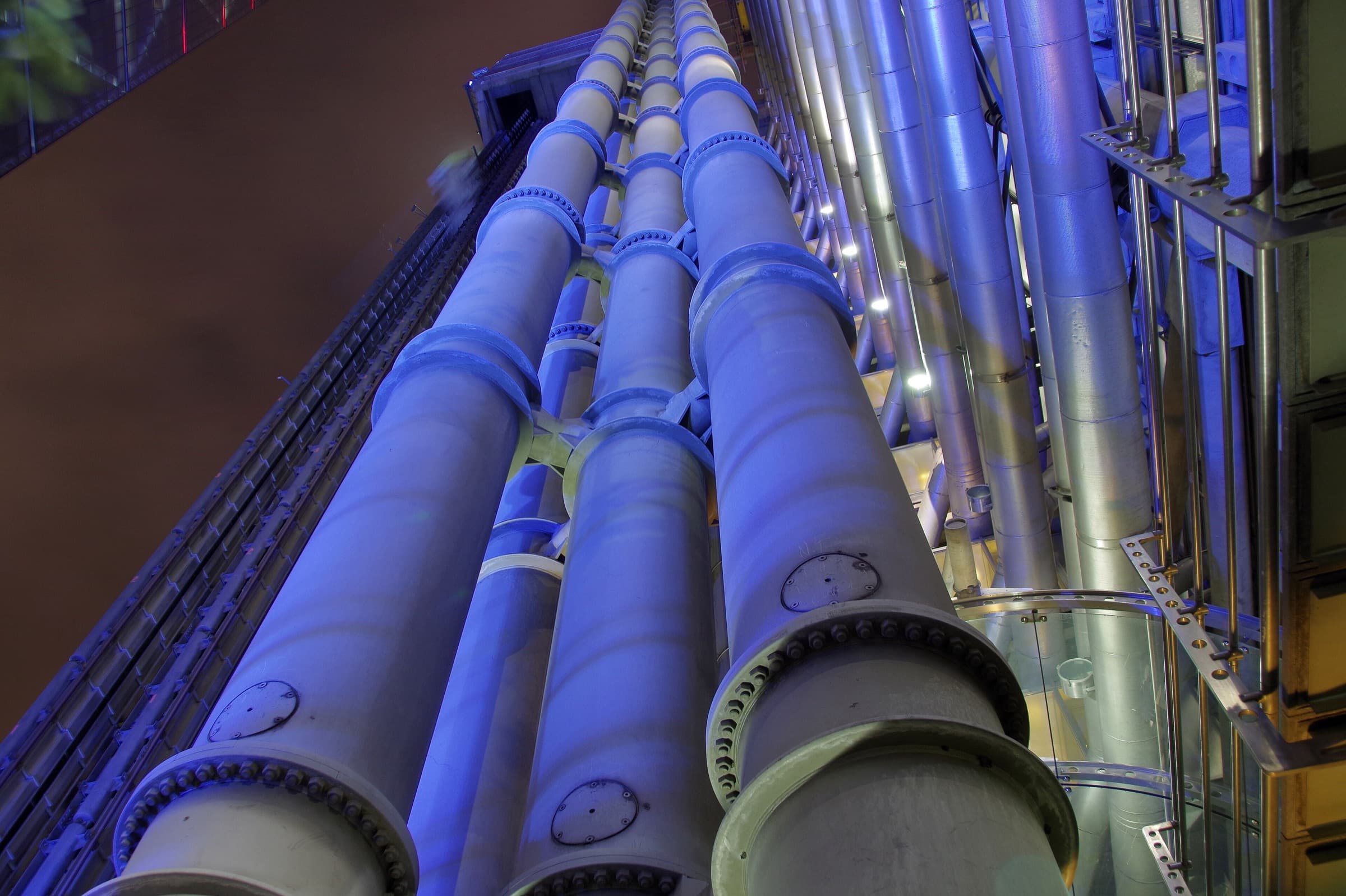 Exterior service pipes of the Lloyd’s building in London, looking upwards